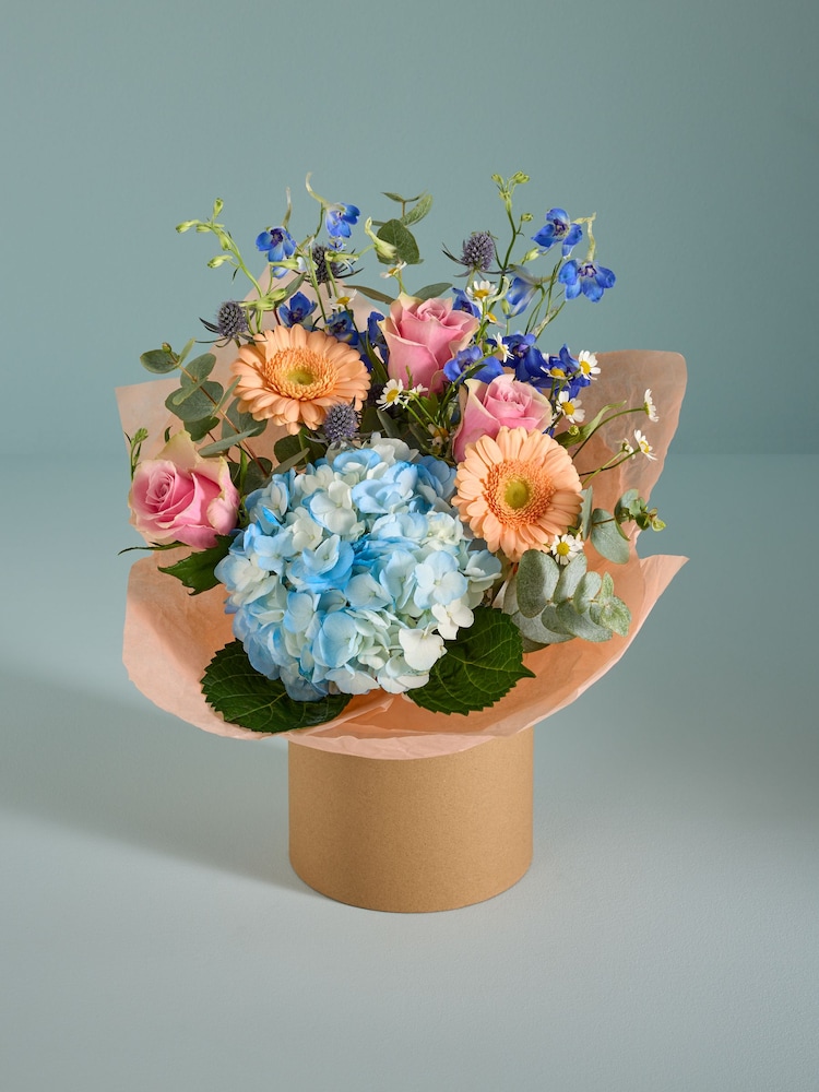 Blue Luxury Delphinium and Rose Fresh Flower Bouquet in Hatbox - Image 1 of 4
