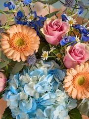 Blue Luxury Delphinium and Rose Fresh Flower Bouquet in Hatbox - Image 2 of 4