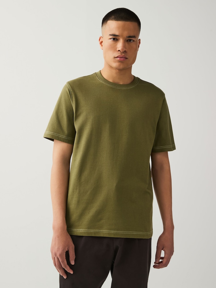 Olive Green Contrast Stitch Regular Fit Heavyweight T-Shirt - Image 1 of 8