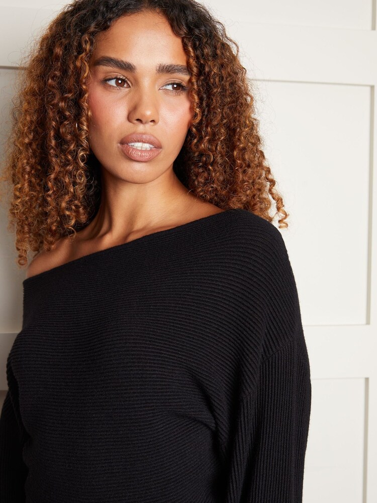 Threadbare Black Slash Neck Knitted Midi Dress - Image 4 of 4