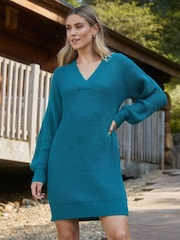 Threadbare Blue V-Neck Knitted Jumper Dress - Image 1 of 4