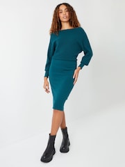 Threadbare Blue Slash Neck Knitted Midi Dress - Image 1 of 4