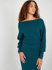 Threadbare Blue Slash Neck Knitted Midi Dress - Image 4 of 4