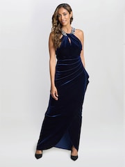 Gina Bacconi Blue Naomi Beaded Velvet Halter Neck Maxi Dress - Image 3 of 5