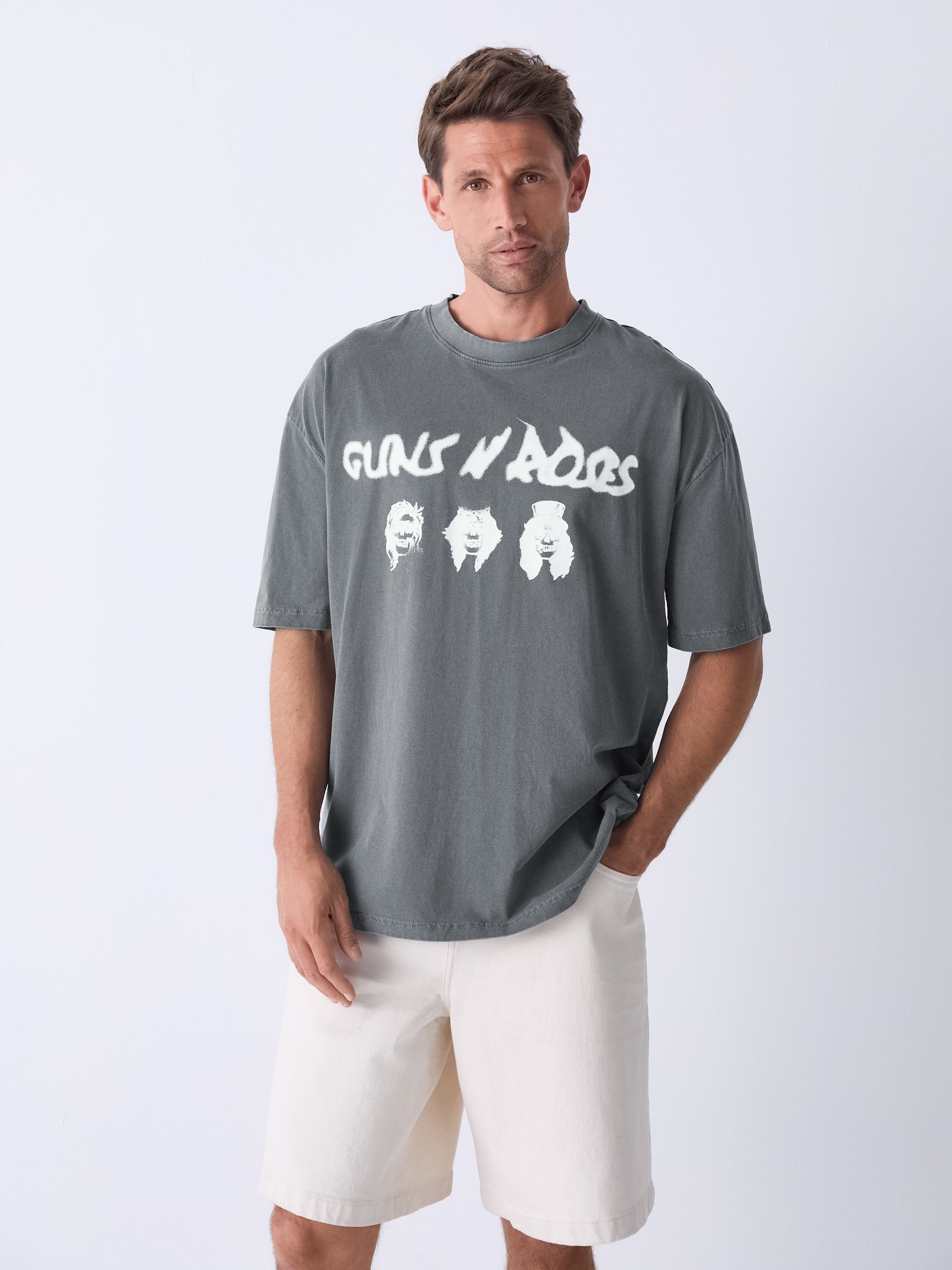 Buy Grey Guns N' Roses Relaxed Fit Band Graphic Print T-Shirt from