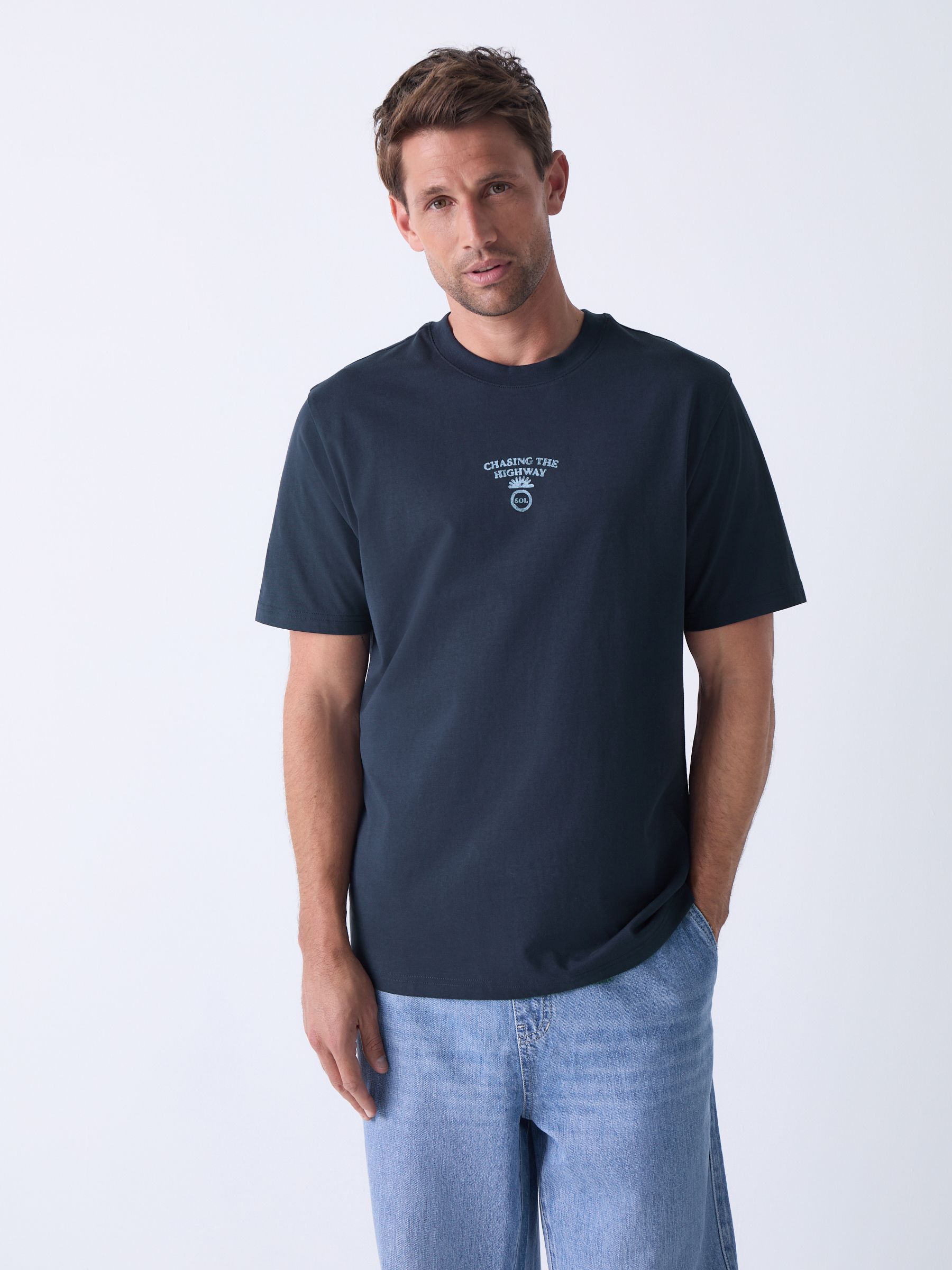 Buy Navy Leaf Regular Fit Graphic Print T-Shirt from Next Netherlands