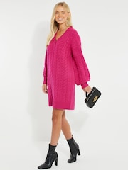 Threadbare Pink V-Neck Chunky Cable Knit Jumper Dress - Image 1 of 4