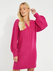 Threadbare Pink V-Neck Chunky Cable Knit Jumper Dress - Image 3 of 4