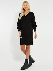 Threadbare Black V-Neck Chunky Cable Knit Jumper Dress - Image 1 of 4