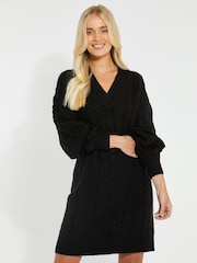 Threadbare Black V-Neck Chunky Cable Knit Jumper Dress - Image 4 of 4