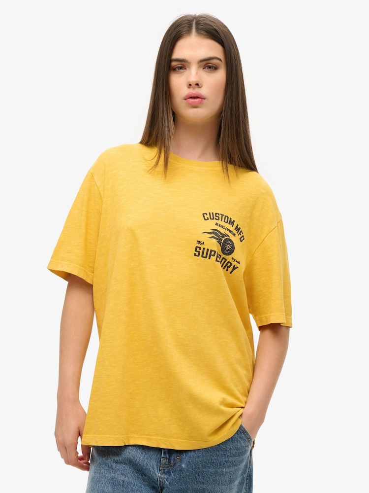 Superdry Yellow Oversized Biker Graphic 100% Organic Cotton T-Shirt - Image 1 of 3