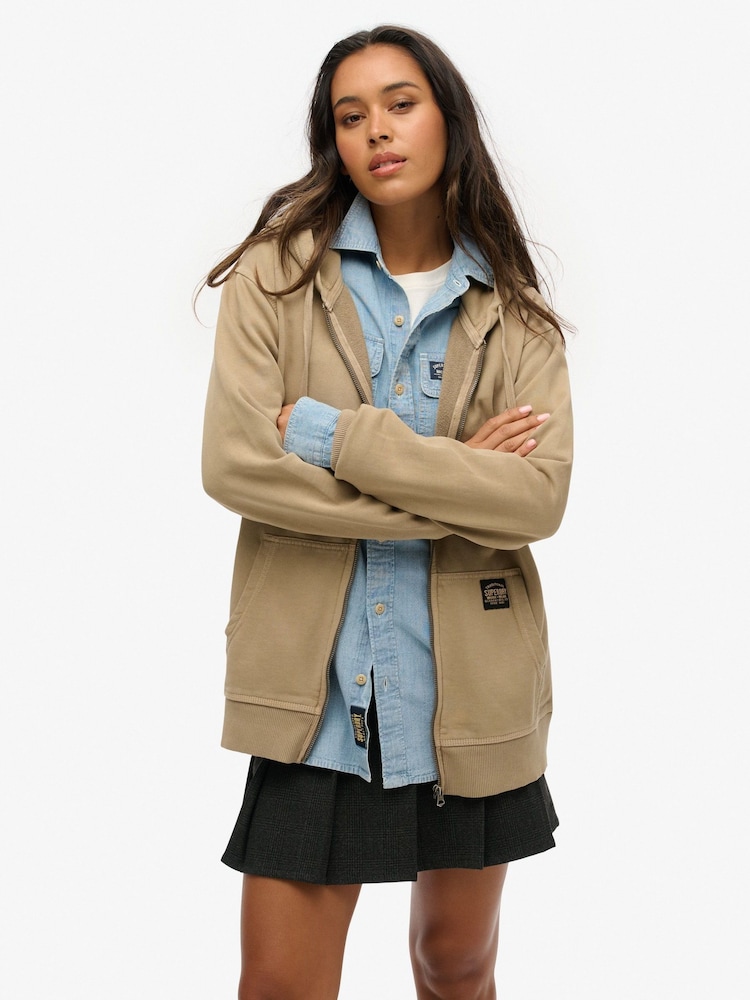 Superdry Brown Oversized Contrast Stitch 100% Cotton Zip Hoodie - Image 1 of 3