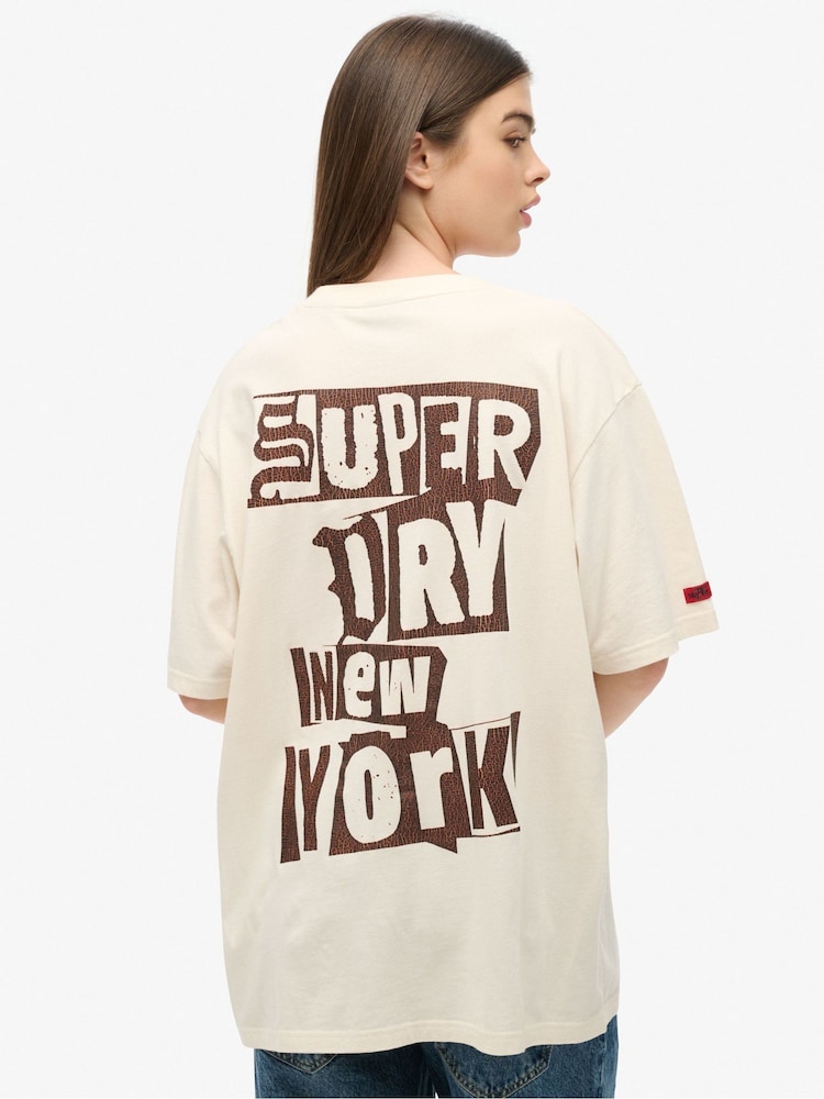 Superdry Cream Oversized Lo-fi Punk Graphic 100% Cotton T-Shirt - Image 1 of 7