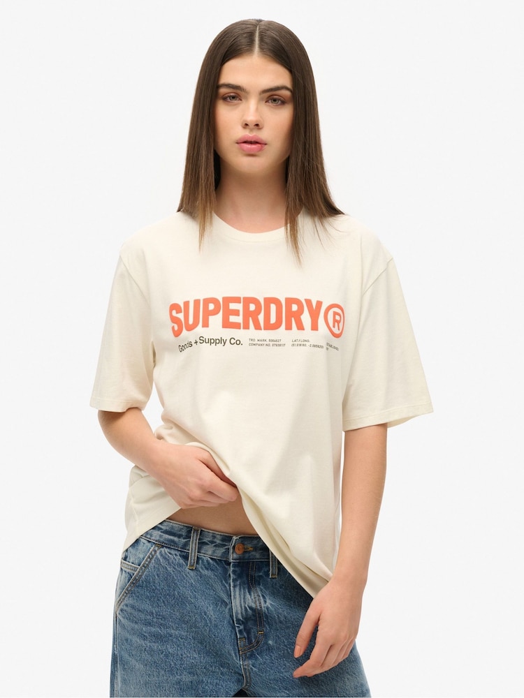 Superdry Cream Oversized Utility Sport Logo T-Shirt - Image 1 of 6