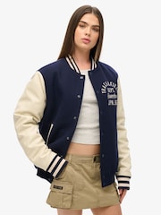 Superdry Blue Oversized Varsity Chain Stitch Bomber Jacket - Image 1 of 4