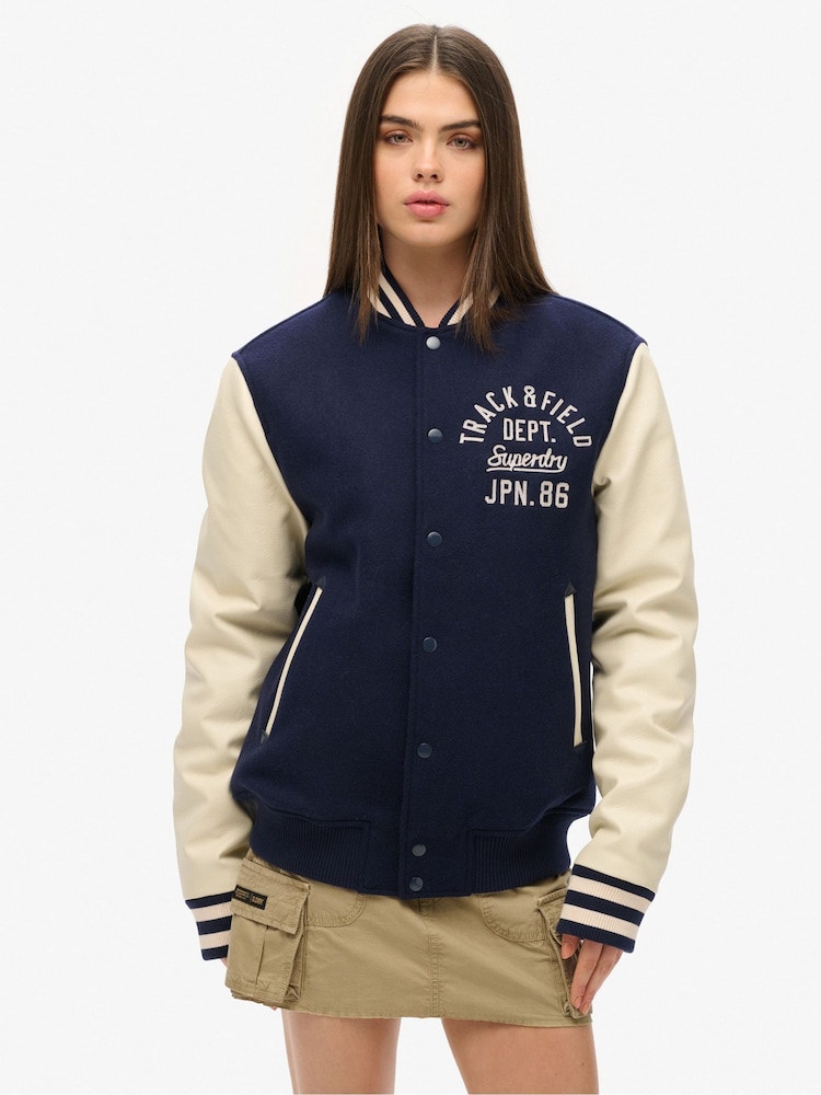 Superdry Blue Oversized Varsity Chain Stitch Bomber Jacket - Image 2 of 4