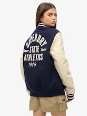 Superdry Blue Oversized Varsity Chain Stitch Bomber Jacket - Image 3 of 4
