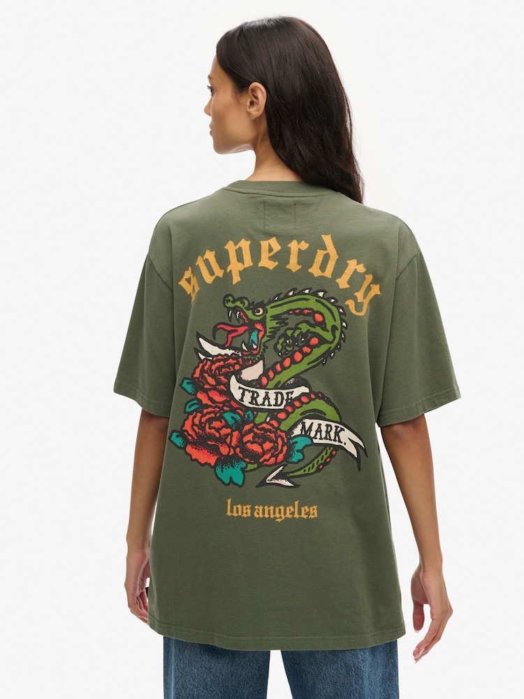 Superdry Green Oversized Tattoo Back Graphic T-Shirt - Image 2 of 3