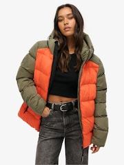 Superdry Green Oversized Colour Block Sport Puffer Jacket - Image 1 of 4