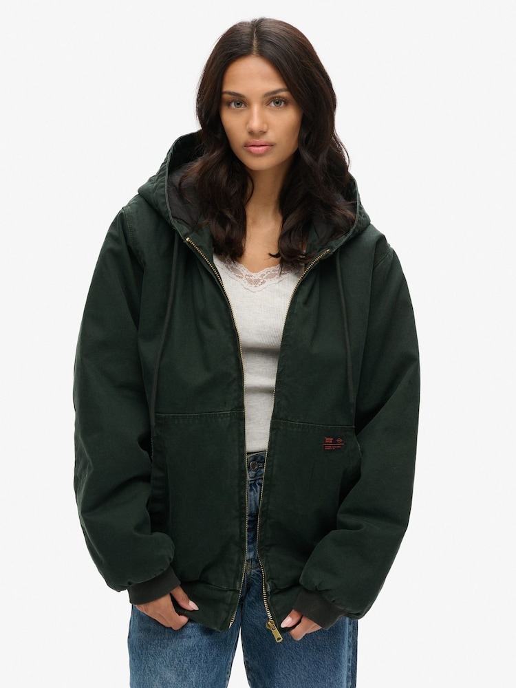 Superdry Green Oversized Surplus Hooded 100% Cotton Bomber Jacket - Image 1 of 4