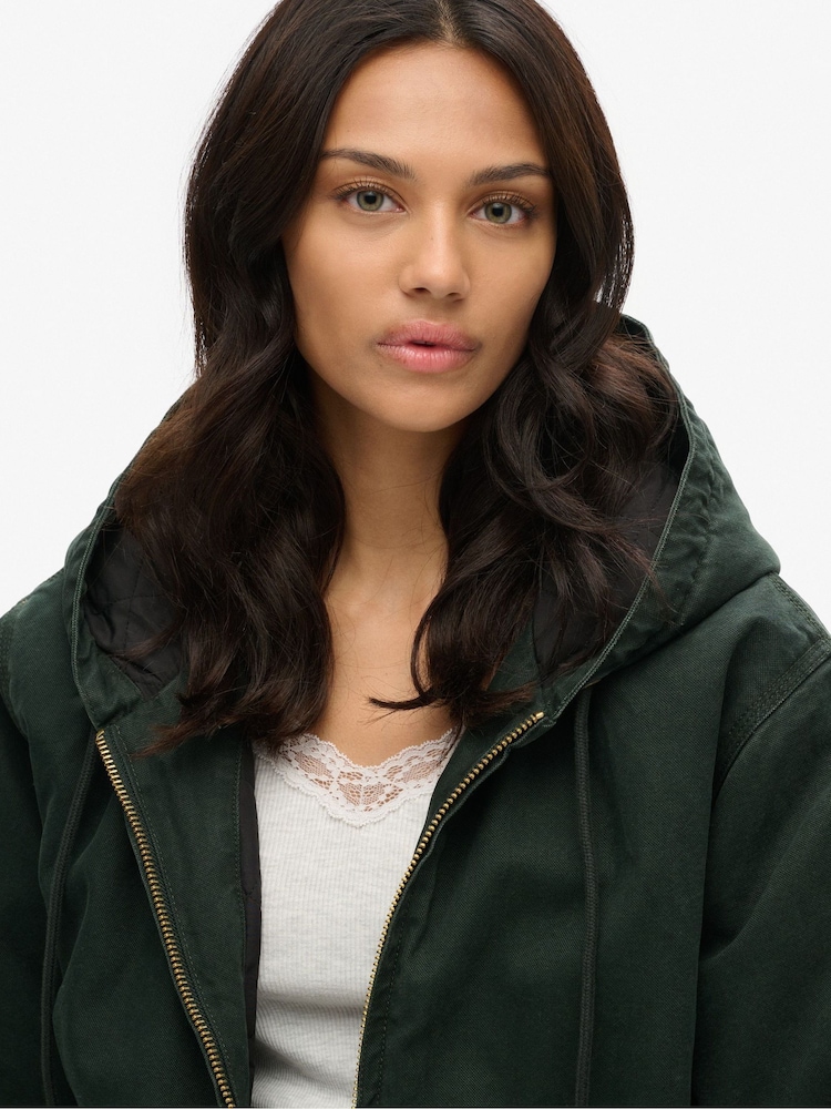 Superdry Green Oversized Surplus Hooded 100% Cotton Bomber Jacket - Image 4 of 4