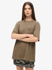 Superdry Brown Oversized Contrast Stitch Pocket 100% Cotton T-Shirt - Image 1 of 3