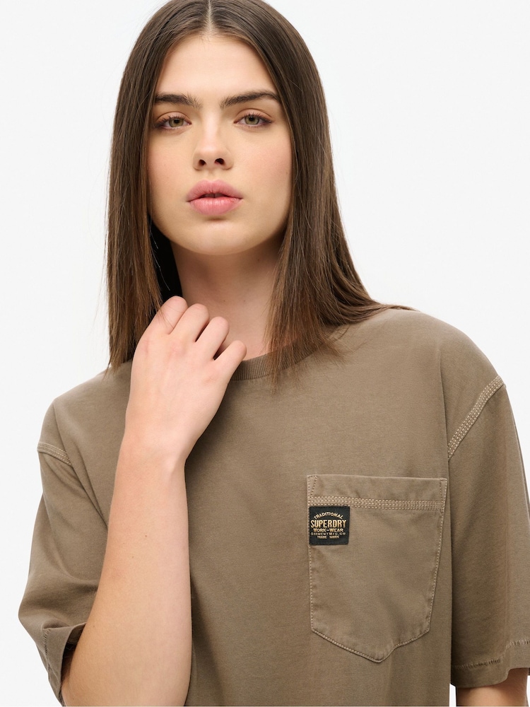 Superdry Brown Oversized Contrast Stitch Pocket 100% Cotton T-Shirt - Image 3 of 3