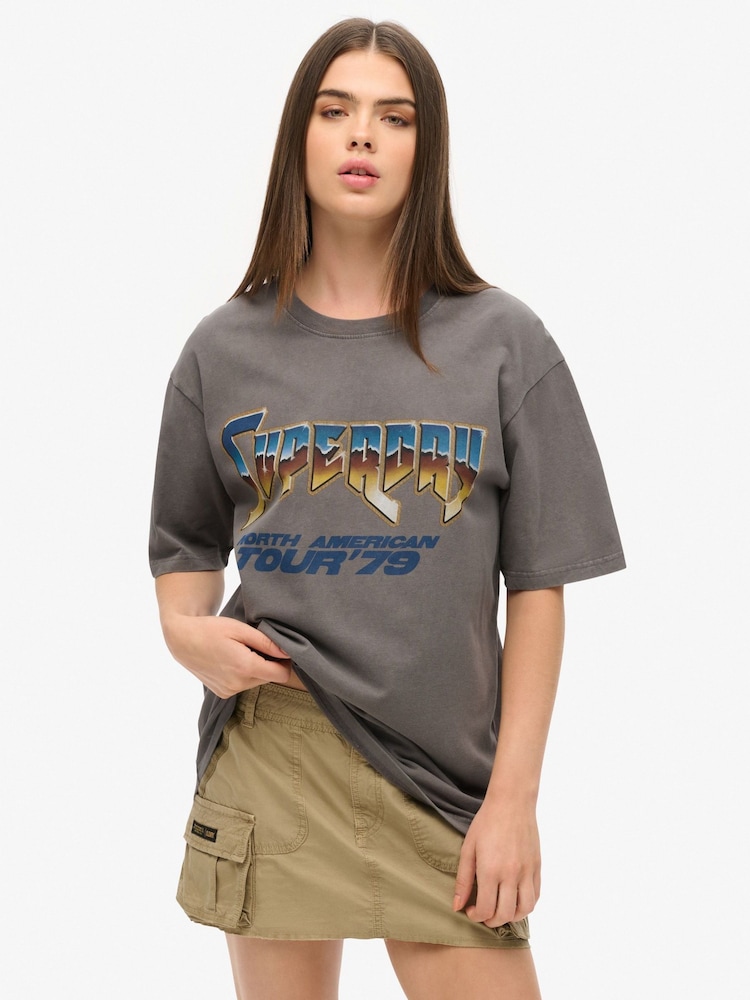 Superdry Grey Oversized 70s Rock Graphic Band 100% Cotton T-Shirt - Image 1 of 3 Superdry Grey Oversized 70s Rock Graphic Band 100% Cotton T-Shirt - Image 1 of 3