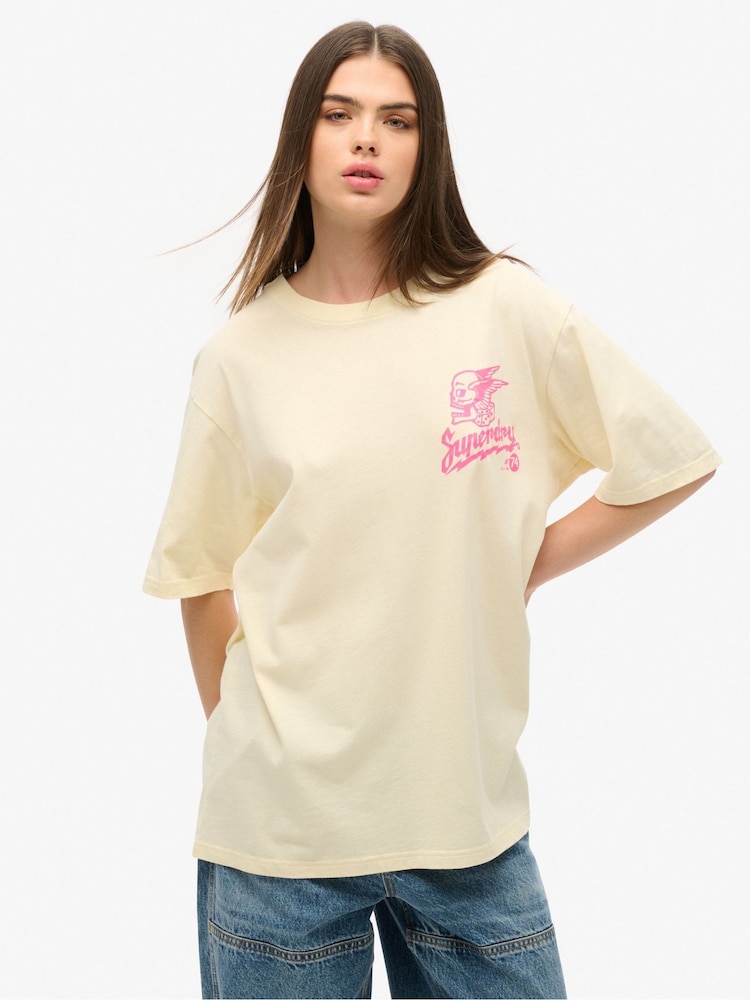 Superdry Cream Oversized Lo-fi Punk Graphic 100% Cotton T-Shirt - Image 1 of 7