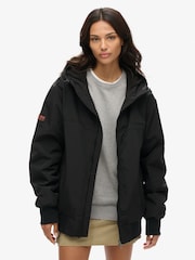 Superdry Black Oversized Surplus Nylon Hooded Bomber Jacket - Image 1 of 5