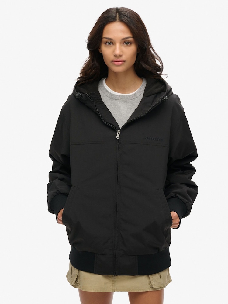 Superdry Black Oversized Surplus Nylon Hooded Bomber Jacket - Image 2 of 5