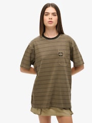 Superdry Green Oversized Textured Stripe Pocket 100% Cotton T-Shirt - Image 1 of 6
