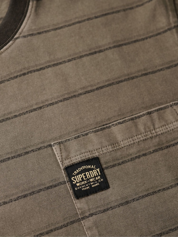 Superdry Green Oversized Textured Stripe Pocket 100% Cotton T-Shirt - Image 6 of 6