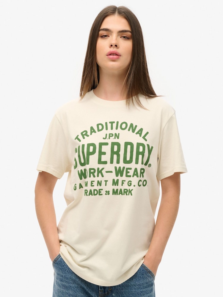 Superdry Cream Oversized Machined Goods Workwear T-Shirt - Image 1 of 6
