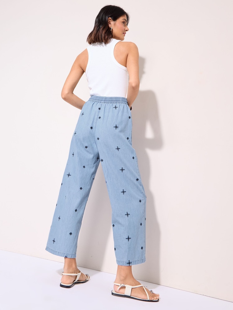 Friends Like These Embroidered Blue Culotte 100% Cotton Trousers - Image 2 of 4