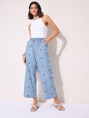 Friends Like These Embroidered Blue Culotte 100% Cotton Trousers - Image 3 of 4
