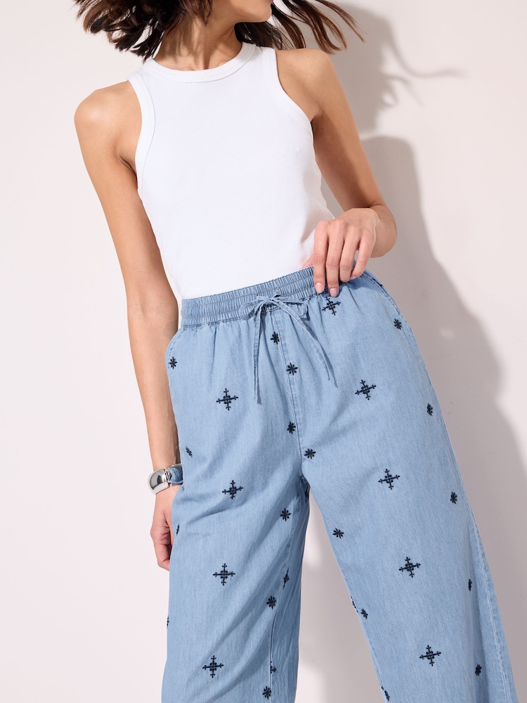 Friends Like These Embroidered Blue Culotte 100% Cotton Trousers - Image 4 of 4
