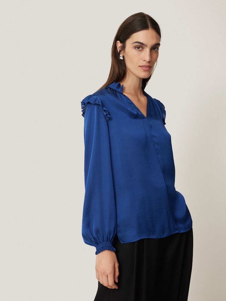 Jigsaw Burgundy Satin Ruffle Top - Image 1 of 6 Jigsaw Burgundy Satin Ruffle Top - Image 1 of 6