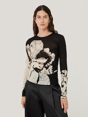 Jigsaw Black Collage Print Long Sleeve 100% Cotton Top - Image 1 of 7