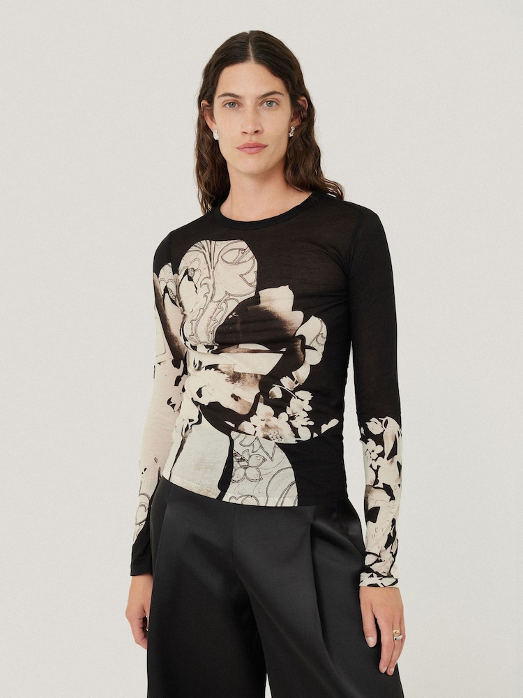 Jigsaw Black Collage Print Long Sleeve 100% Cotton Top - Image 1 of 7