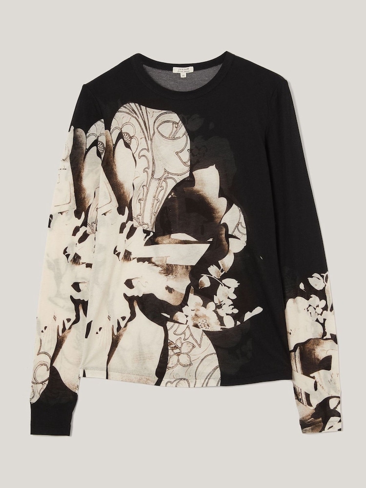 Jigsaw Black Collage Print Long Sleeve 100% Cotton Top - Image 7 of 7