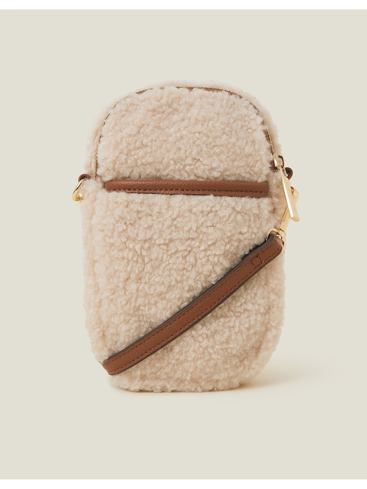 Accessorize Cream Faux Shearling Cross-Body Phone Bag - Image 1 of 5