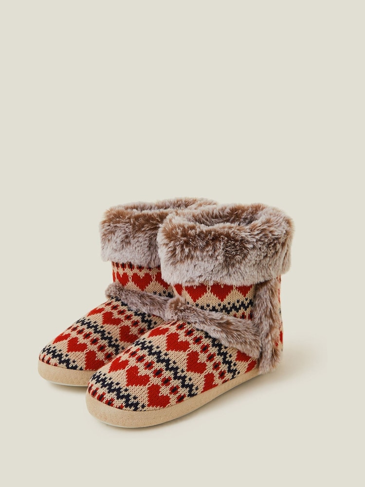 Accessorize Cream/Red Fairisle Pattern Faux Fur Boots Slippers - Image 1 of 2 Accessorize Cream/Red Fairisle Pattern Faux Fur Boots Slippers - Image 1 of 2