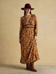 Joules Otterly Yellow Floral V-Neck Midi Dress - Image 1 of 8