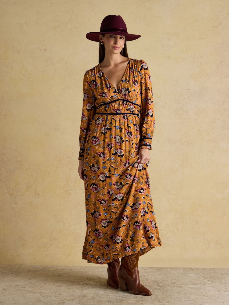 Joules Otterly Yellow Floral V-Neck Midi Dress - Image 1 of 8