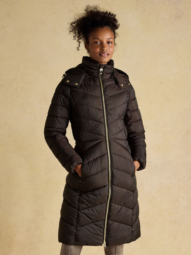 Joules Pembury Brown Showerproof Longline Padded Coat with Hood - Image 1 of 12