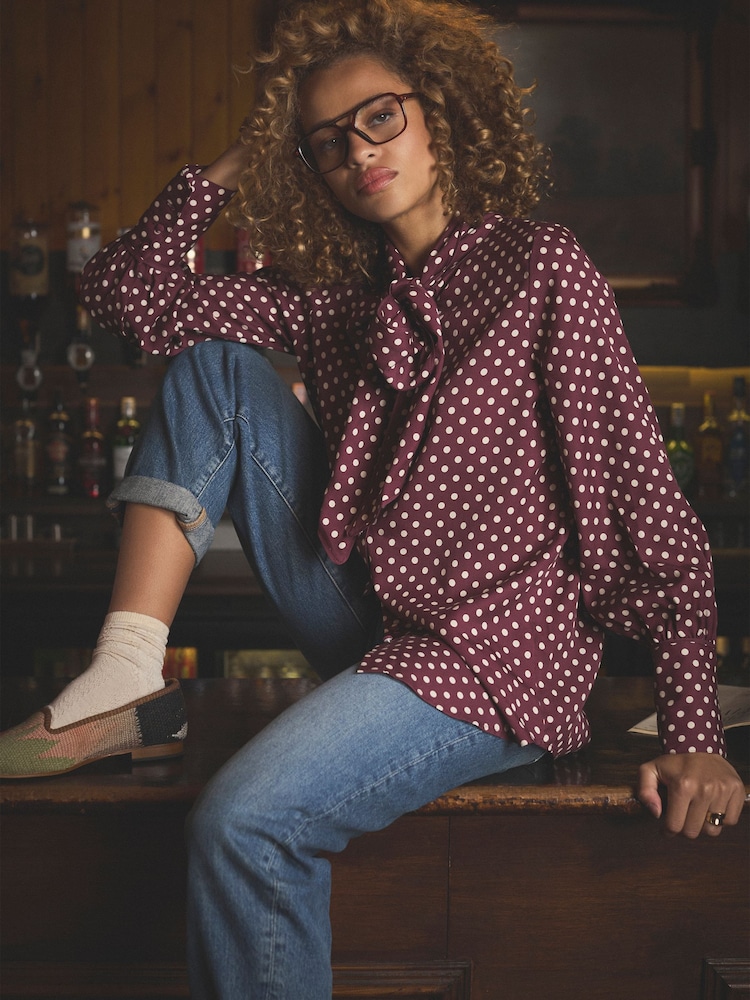 Joules Tabby Burgundy Red Tie Neck Blouse - Image 2 of 3 Joules Tabby Burgundy Red Tie Neck Blouse - Image 2 of 3