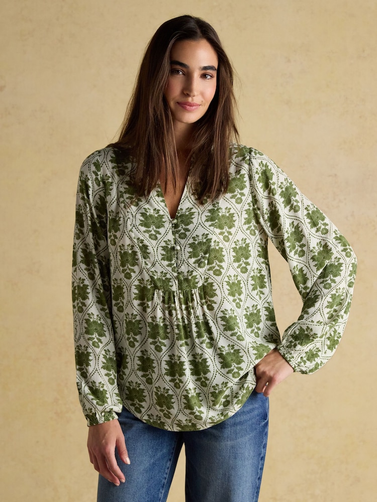 Joules Ava Khaki Green Popover Blouse - Image 1 of 7 Joules Ava Khaki Green Popover Blouse - Image 1 of 7
