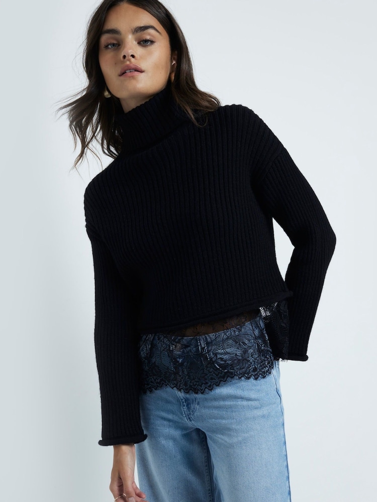 River Island Black Roll Neck Lace Hybrid Jumper - Image 1 of 5 River Island Black Roll Neck Lace Hybrid Jumper - Image 1 of 5