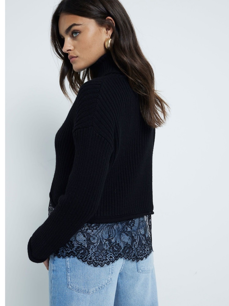 River Island Black Roll Neck Lace Hybrid Jumper - Image 2 of 5 River Island Black Roll Neck Lace Hybrid Jumper - Image 2 of 5